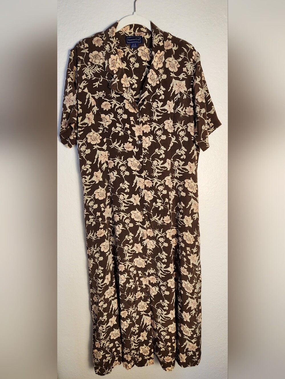 Charter Club 100% Silk Brown and Cream Floral Midi Dress